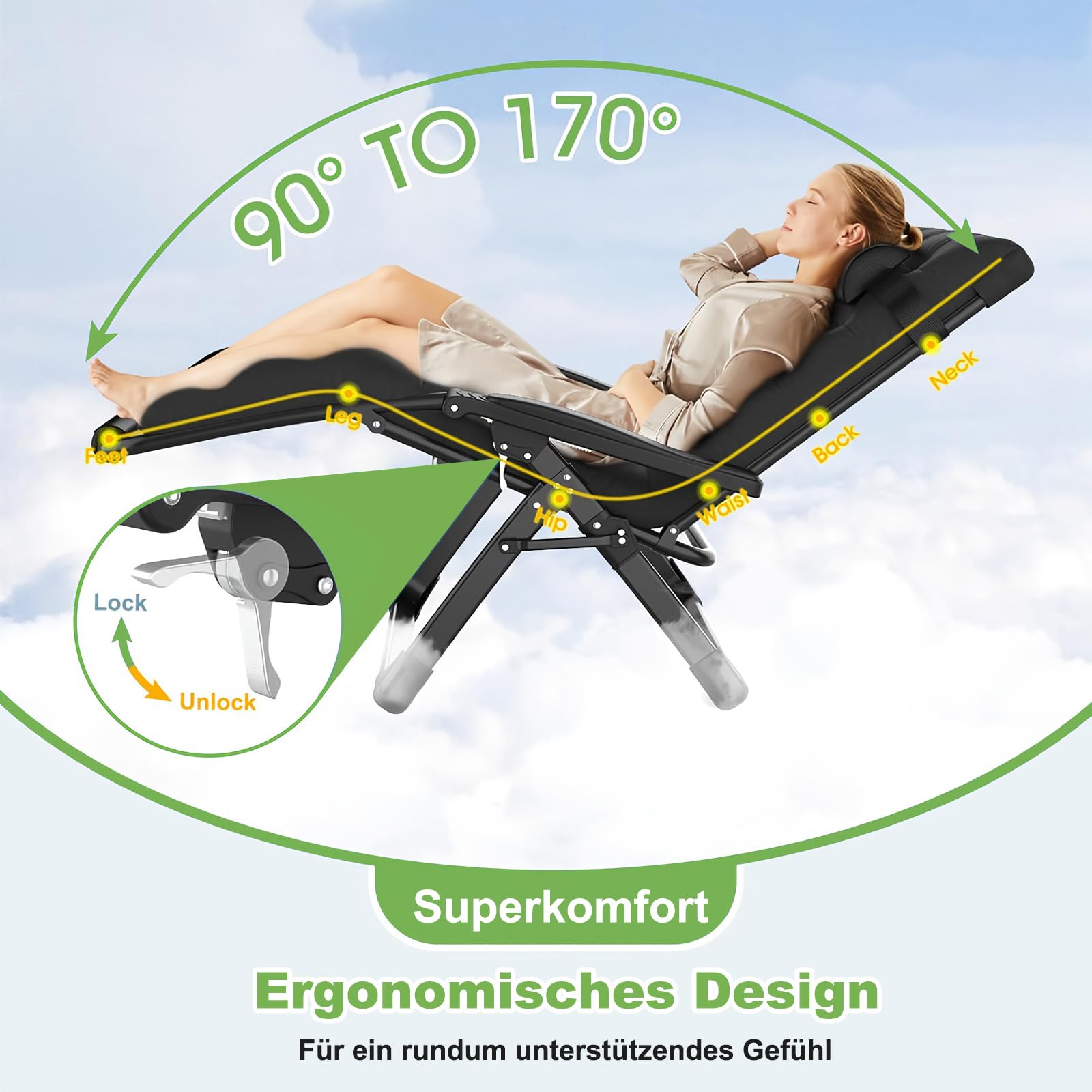 Klappbarer Gartenliegestuhl mit 90–170°verstellbarer Rückenlehne, Tragkraft 200 kg, inklusive Getränkehalter, Liegestuhltasche – Geeignet als klappbare Sonnenliege für Garten, Strand, Pool und Balkon 2