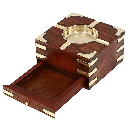 ITOS365 Large Decorative Wooden Ashtray with Cigarette Storage Case Box Drawer