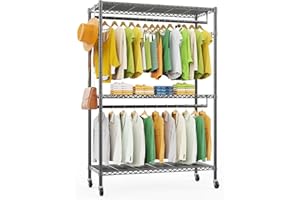 LEHOM G1L 3 Tiers Garment Rack with Storage Shelves, Heavy Duty Rolling Free-Standing Clothing Rack Closet Organizer with Double Rods/Lockable Wheels & 2 Pairs Side Hooks, Max Load 450 LBS, Black