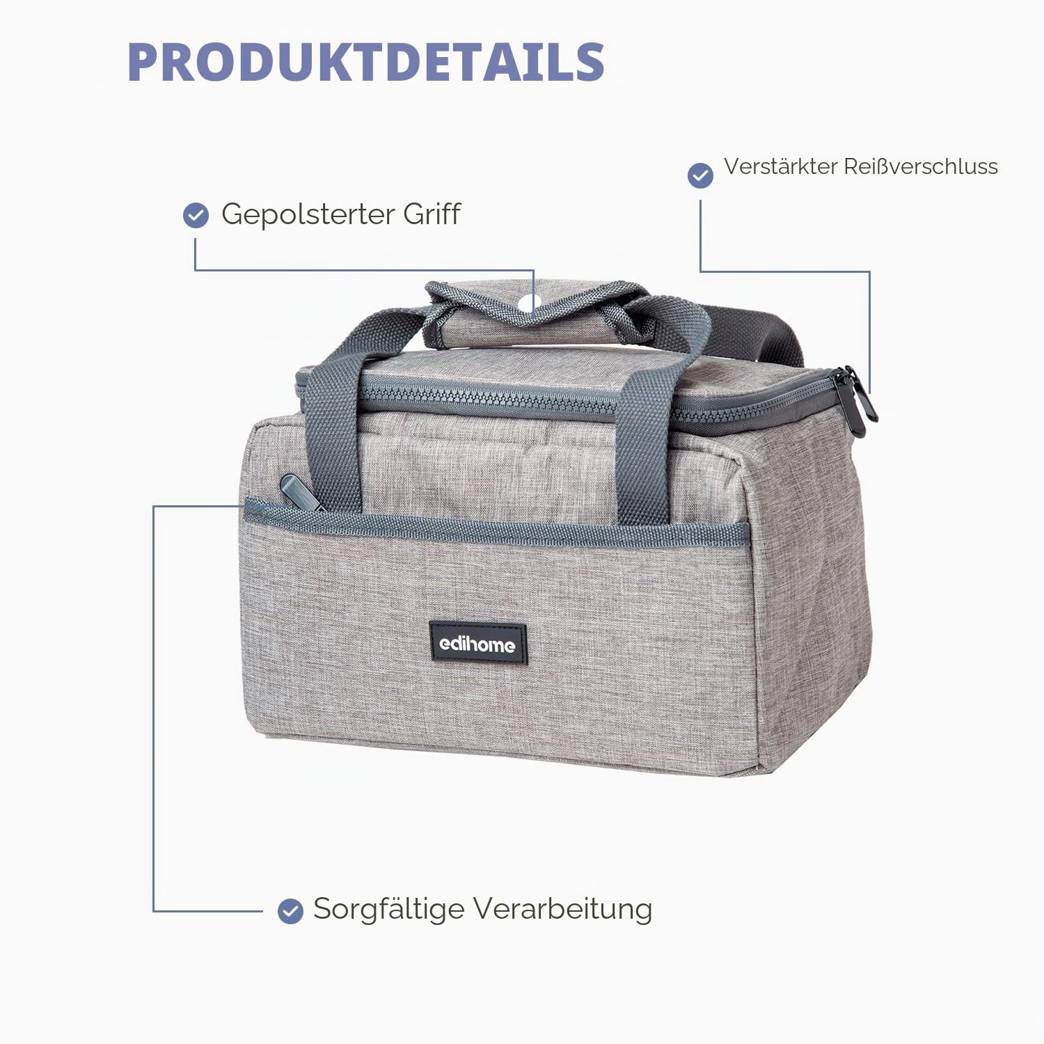 edihome, Kühltasche Klein, Lunchbag, Kühltasche, Faltbar, 8L, Thermo Lunchbox, Isolierte, für Mittagessen, Arbeit, Camping oder Reise, Tragbar (Grau) 7
