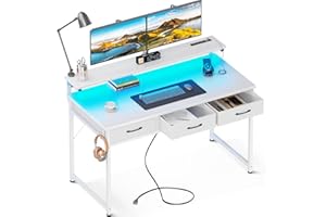 ODK 48 Inch Computer Desk with 3 Drawers and USB Power Outlets, Home Office Desks with LED Lights and Adjustable Monitor Stand, Work from Home, Modern Work/Writing/Study Table for Bedroom, White