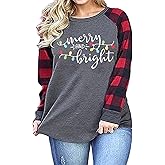 Plus Size Christmas Shirts for Women Raglan Plaid Tops Crew Neck Long Sleeve Tee Holiday Baseball Clothes