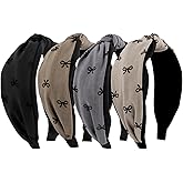 TODDER Knotted Headbands for Women 4Pack Bow Print Knotted Headbands Top Knot Hair Bands 2Inch Fashion Headbands Non-Slip Cute Hair Accessories for Women Girls—Black, Gray, Brown, Khaki