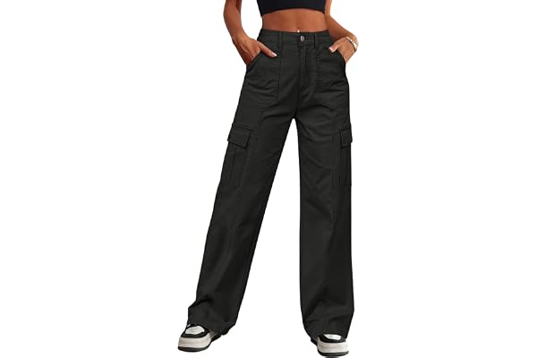 Eddoyee Cargo Pants for Women Stretch High Waisted 6 Pockets Straight Wide Leg Jean Casual Baggy Pants Drawstring Ankle Cuffs