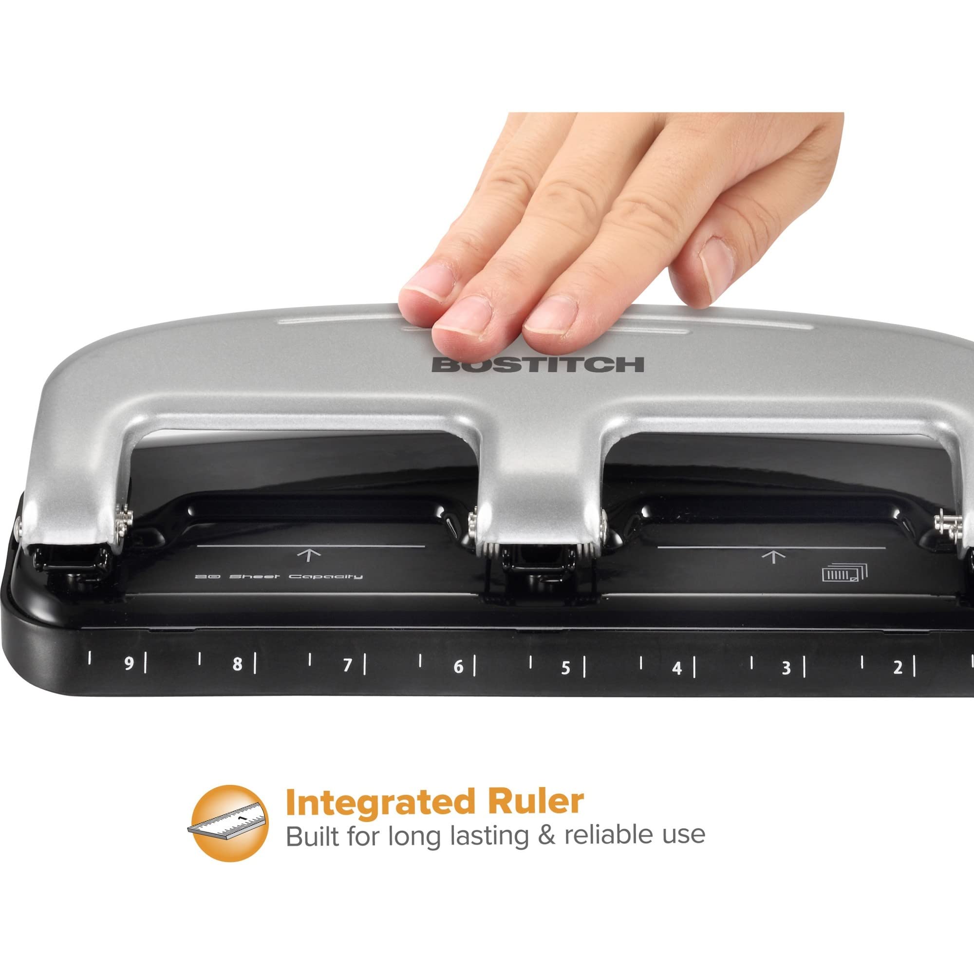 Bostitch Office EZ Squeeze 3-Hole Punch, 20 Sheet Capacity, Reduced Effort, No Jam Technology , Silver
