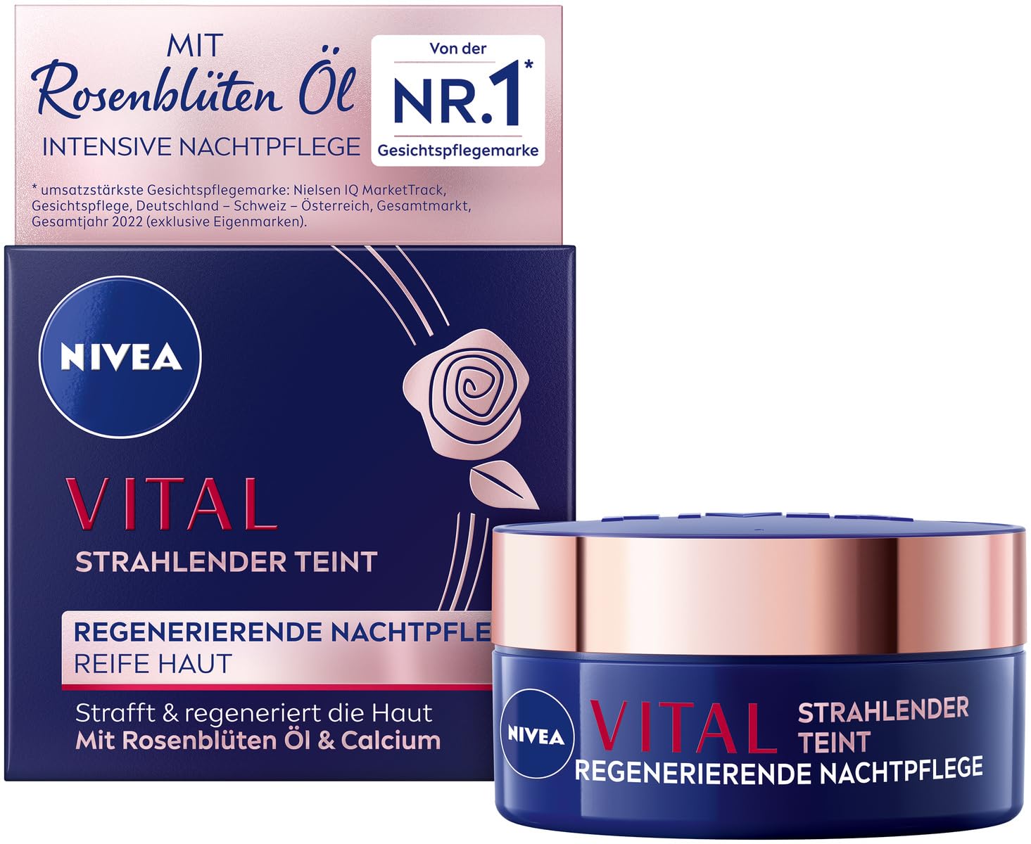 NIVEA VITAL Strahlender Teint Regenerierende Nachtpflege für reife Haut, Gesichtspflege für straffere und regenerierte Haut, Nachtcreme mit Rosenblüten Öl, Calcium und Kreatin (50 ml)