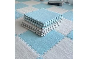 Typutomi 10pcs Plush Puzzle Foam Floor Mat, Soft Fluffy Interlocking Square Foam Tiles Area Rugs Carpet for Parlor Bedroom Decoration(11.8x11.8in, Blue&White)
