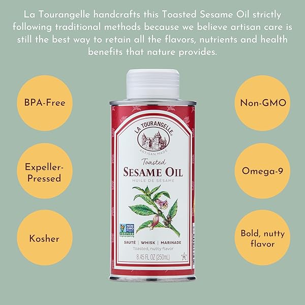LA TOURANGELLE, TOASTED SESAME OIL, GREAT FOR COOKING, ADD TO NOODLES, STIR-FRY, VEGETABLES, VINAIGRETTES, AND MARINADES, 8.45 FL OZ