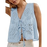 FUNTOUR Women Summer Beach Boho Eyelet Embroidered Tie Front Vest Tops Sleeveless Tank Trendy Fashion Cute 2026 Y2K Clothes