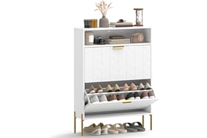 HOMCOM Shoe Cabinet with 2 Flip Drawers, Modern Narrow Shoe Storage Cabinet with Open Compartment, Adjustable Shelves for Ent