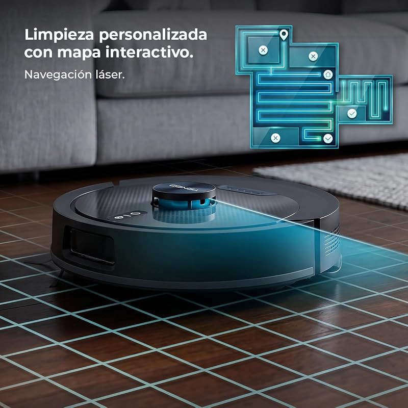 Robô aspirador e esfregão com base auto-esvaziante Conga Y80 Dark. Navegação a laser, 25000Pa, autonomia 240min, escova de silicone para animais, saco de pó 3L, Bluetooth e WiFi, aplicação