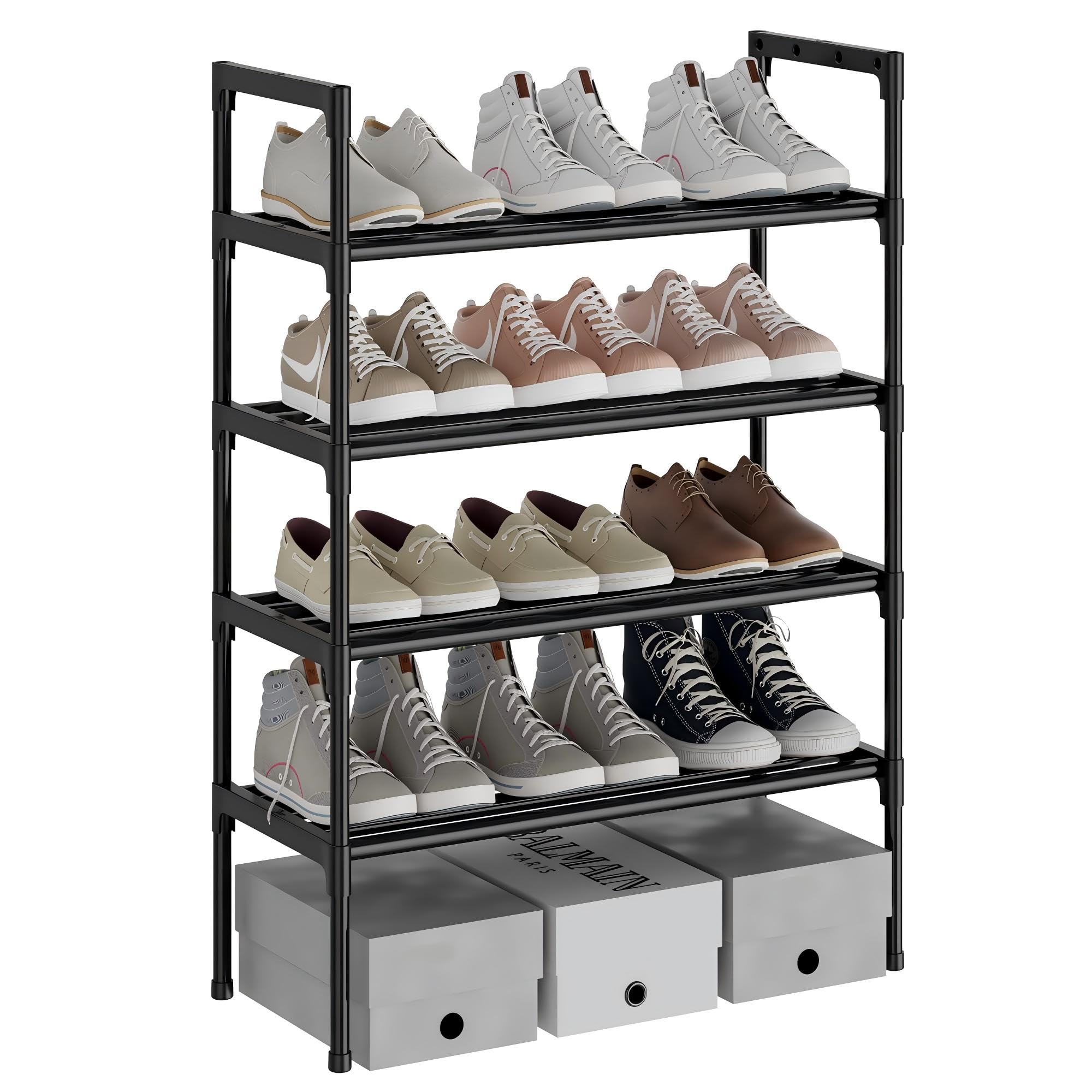 AcornFort® S-532 4 Tiers 12 Pairs Black Extra Thicken Adjustable Small Shoe Storage Rack Organiser Shelf Hold Stand,Sturdy Design,Space Saving,Easy Assemble