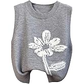 SweatyRocks Women's Floral Print Sweater Vests Crew Neck Fuzzy Knit Pullover Tank Tops