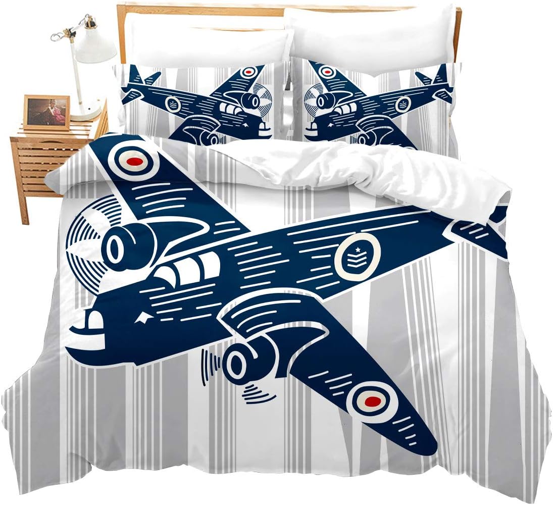 Loussiesd Boys Duvet Cover Set Double Size for Kids Child Teens Men Aviation Aircraft Decoration Gift Blue Airplane Comforter Cover with 2 Pillowcases Microfiber Zipper Children Quilt Cover 3 Pcs