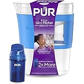 PUR Slim 8-Cup Water Filter Pitcher, 1 Water Filtration Pitcher, Blue | Small Water Filter Pitcher, Compact Design For Small-Space Living, Improved Taste, Dishwasher Safe, Fast Filtration