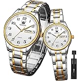 OLEVS Valentines Couple Pair Quartz Watches Luminous Calendar Date Window 3ATM Waterproof, Casual Stainless Steel His and Hers Wristwatch for Men Women Lovers Wedding Romantic Gifts Set of 2