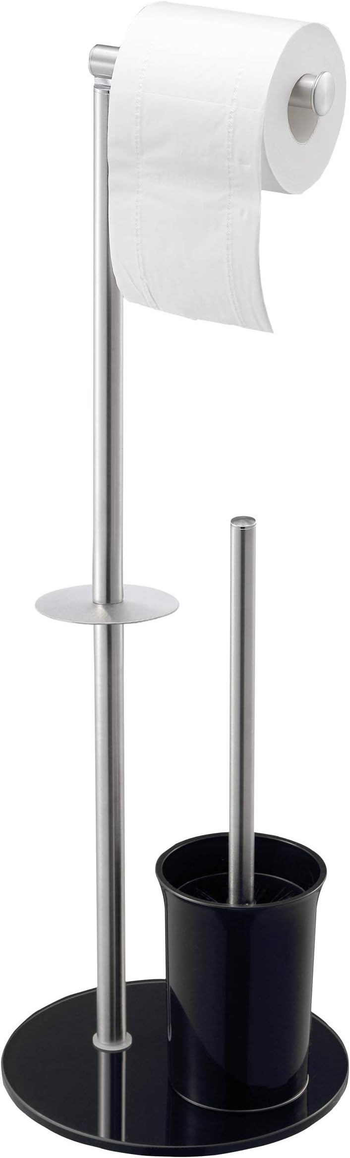 Mari Life - Toilet Roll Holder Stand with Toilet Brush | Stainless Steel Tissue Paper Stand | Free Standing Bathroom Combo | Chrome Plated Tissue Holder Stand with Tempered Glass Base | Black