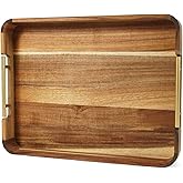 Mckkymi Acacia Wood Serving Tray with Metal Handles, 17x13in Food Drinks Tray for Coffee Table, Breakfast, Dinner & Bar, Natural Decorative Storage Tray for Ottoman, Kitchen, Packaging