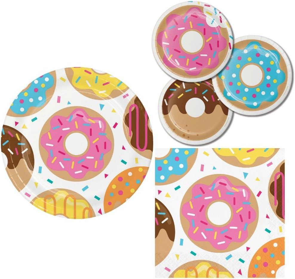 Donut Themed Party Supply Pack - Bundle of Plates and Napkins for 8 Guests - Donut Time Design