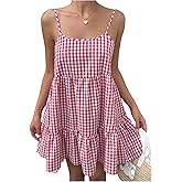 SweatyRocks Women's Summer Gingham Dresses Backless Spaghetti Strap Loose Ruffle Mini Vacation Dress
