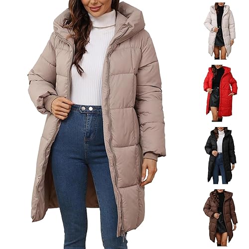 DUHGBNE waterproof jackets for women uk womens winter coats Winter Jackets for Women UK Warm Quilted Puffer Coats Mid-lenght Puffer Jacket Full Zip Long Sleeves Waterproof Trench with jacket fur hood