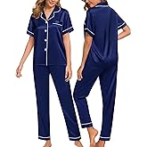 SWOMOG Women Satin Pajamas Set Short Sleeve Top & Pants Sleepwear Silky Button Down Nightwear 2pcs Loungewear Pjs Set