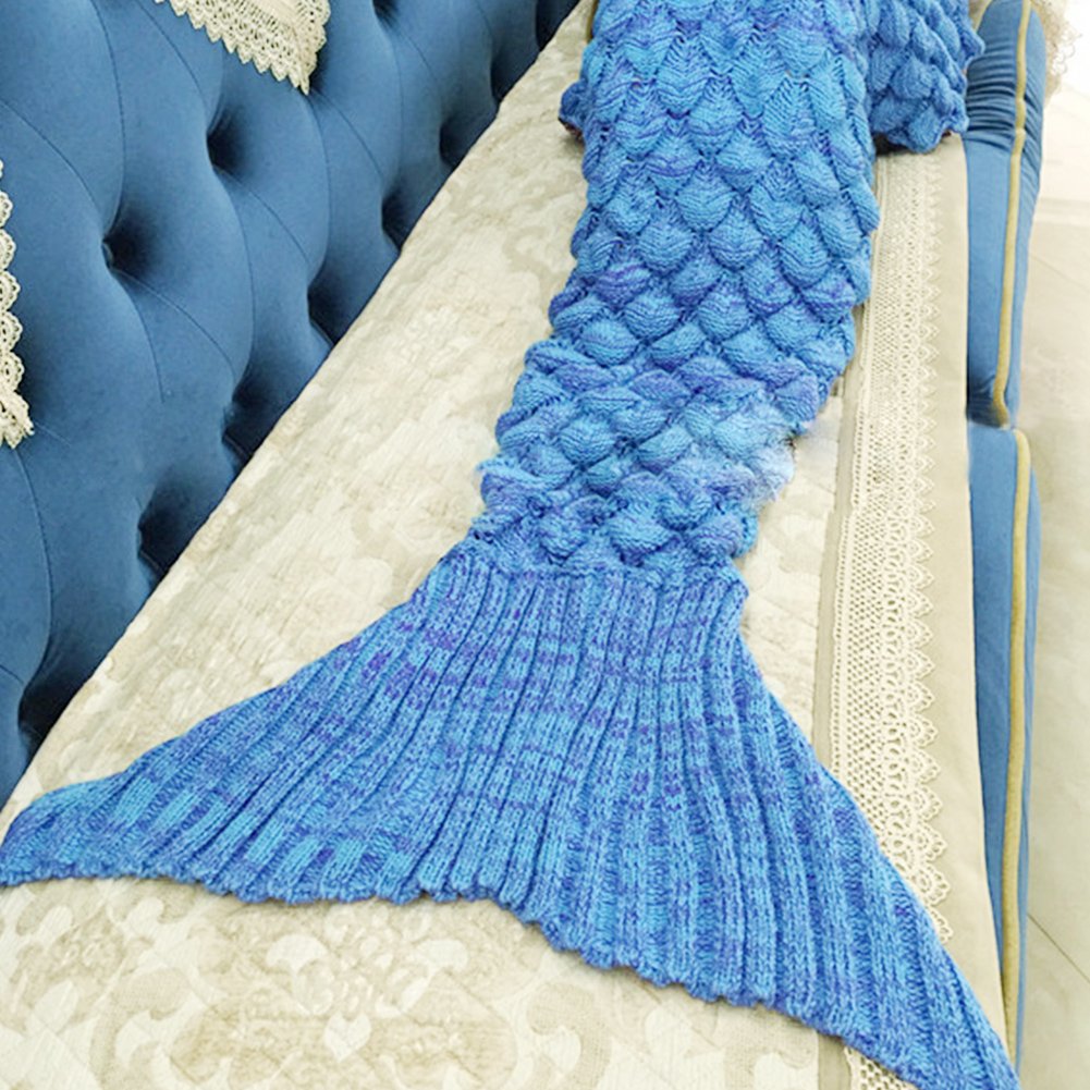 Awkli Warm Mermaid Tail Blanket Crochet Super Soft Comfortable Suitable for All Seasons Sleeping,Reading,Watching, Working,Sofa Blankets Gift for Mother Day, Halloween, Thanks Giving Day (Blue)