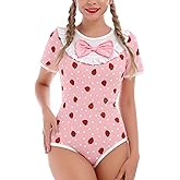 ABAFIP Women's Cute Print Romper Pajama Bodysuit Bowknot Short Sleeve One Piece Leotard Nightwear Top