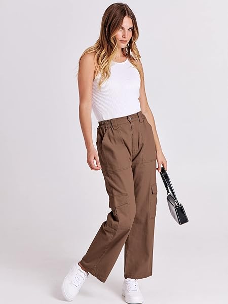 ANRABESS WOMEN’S CARGO PANTS HIGH WAISTED BAGGY MULTIPLE POCKETS CASUAL TRENDY FASHION RELAXED FIT Y2K TROUSERS BROWN MEDIUM