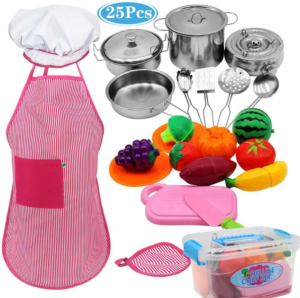 25PCS Kids Kitchen Toy with Stainless Steel Cookware Pots and Pans ,Cooking Utensils, Apron, Chef Hat, Foods, Kitchen Playset Set with Knife, Dish, Fruit and Vegetable and Storage Box for Toddlers