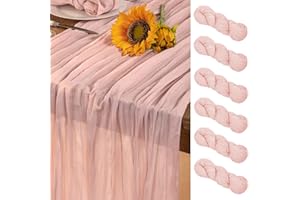 DeZerlor Pink Cheesecloth Table Runner 6 Pack Fall Table Runners Boho Gauze 120 Inches Light Pink Cheese Cloth Fall Table Decorations for Thanksgiving Wedding Bridal Girl Baby Shower Sweet 16 Party