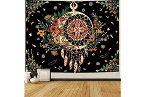 Serborlur Vintage Dream Catcher Tapestry Bohemian Plant Floral Tapestry Hippie Trippy Moon Tapestry Black Tapestries Wall Hanging for Bedroom Decor (51.2 × 59.1 inches)