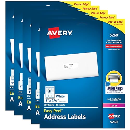 Avery Easy Peel Printable Address Labels with Sure Feed, 1" x 2-5/8" Customizable Stickers, White, 3,750 Blank Mailing Labels, Great for Mailing, Shipping, and More (5-Pack of 5260)