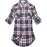 Match Womens Button Down Flannel Plaid Shirts roll up Long Sleeve Shackets Business Blouse Top