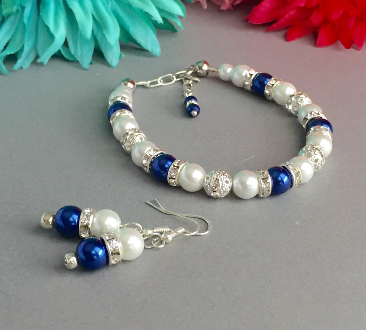 Capri Blue & White Sparkling Pearl Bracelet w/Extender Chain, Beaded Pearl Wedding Jewelry, Bracelet & Earring Jewlery Set