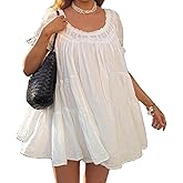 Women Puff Sleeve Babydoll Mini Dress Y2K Lace Trim Ruffle Flowy Dresses Summer Loose Swing Going Out Sundresses