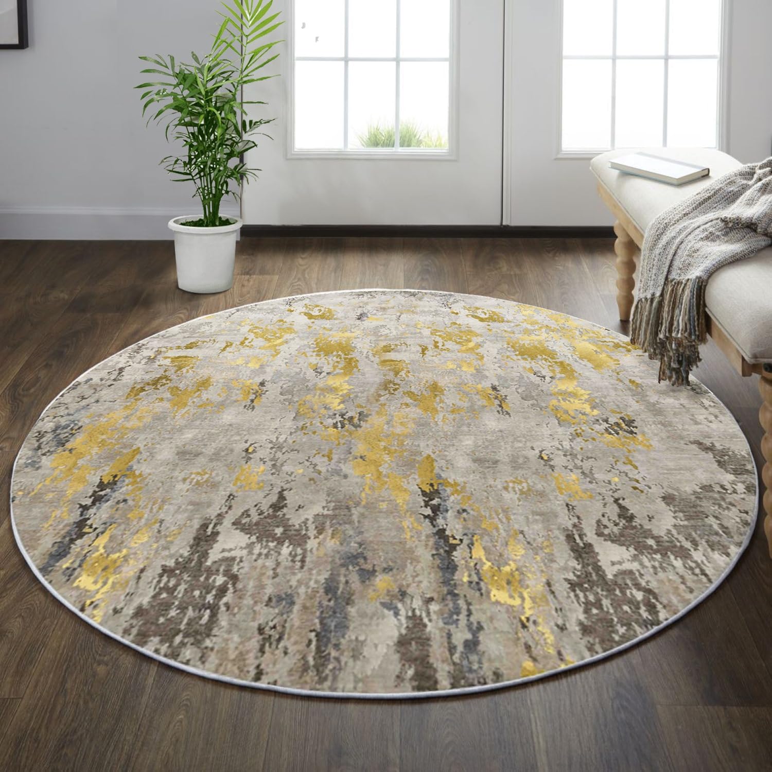 Photo 1 of vivorug Round Rug 5ft Abstract Round Area Rug Non-Slip Indoor Carpet for Living Room Bedroom Entryway, Stain Resistant Home Decor Circle Rug, Grey/Mustard