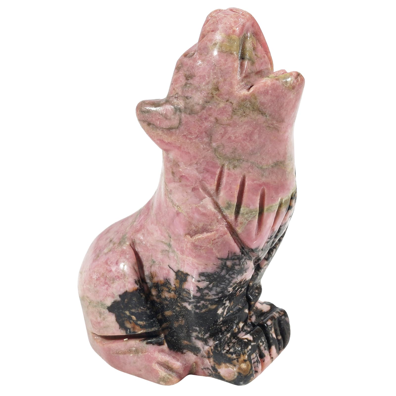 Lovionus89 Natural Rhodonite Wolf Crystal Figurine, Hand Carved Stone Animal Statues for Home Decor 2.5 Inches
