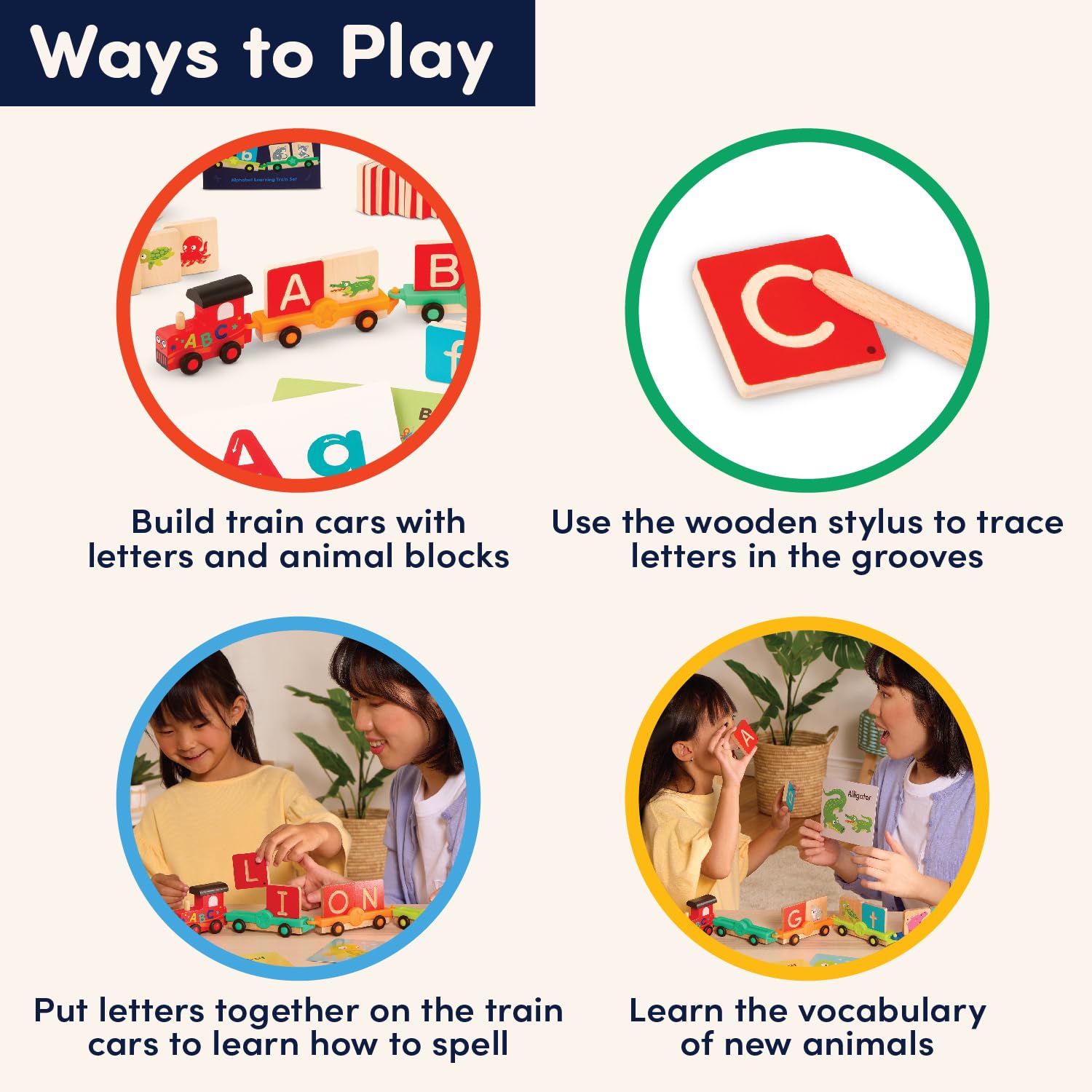 Battat Education – Wooden Alphabet Train Set ABC Letter Train Toy with 84 Pieces for Toddlers – Educational Color & Shape Recognition