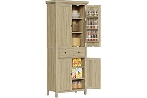 SICOTAS 72" Tall Pantry Cabinet, Wooden Storage Cabinet with Adjustable Shelves, 6 Hanging Shelves and Large Drawer, Versatile Pantry Storage for Kitchen Dining Room Bathroom Living Room, Natural Oak