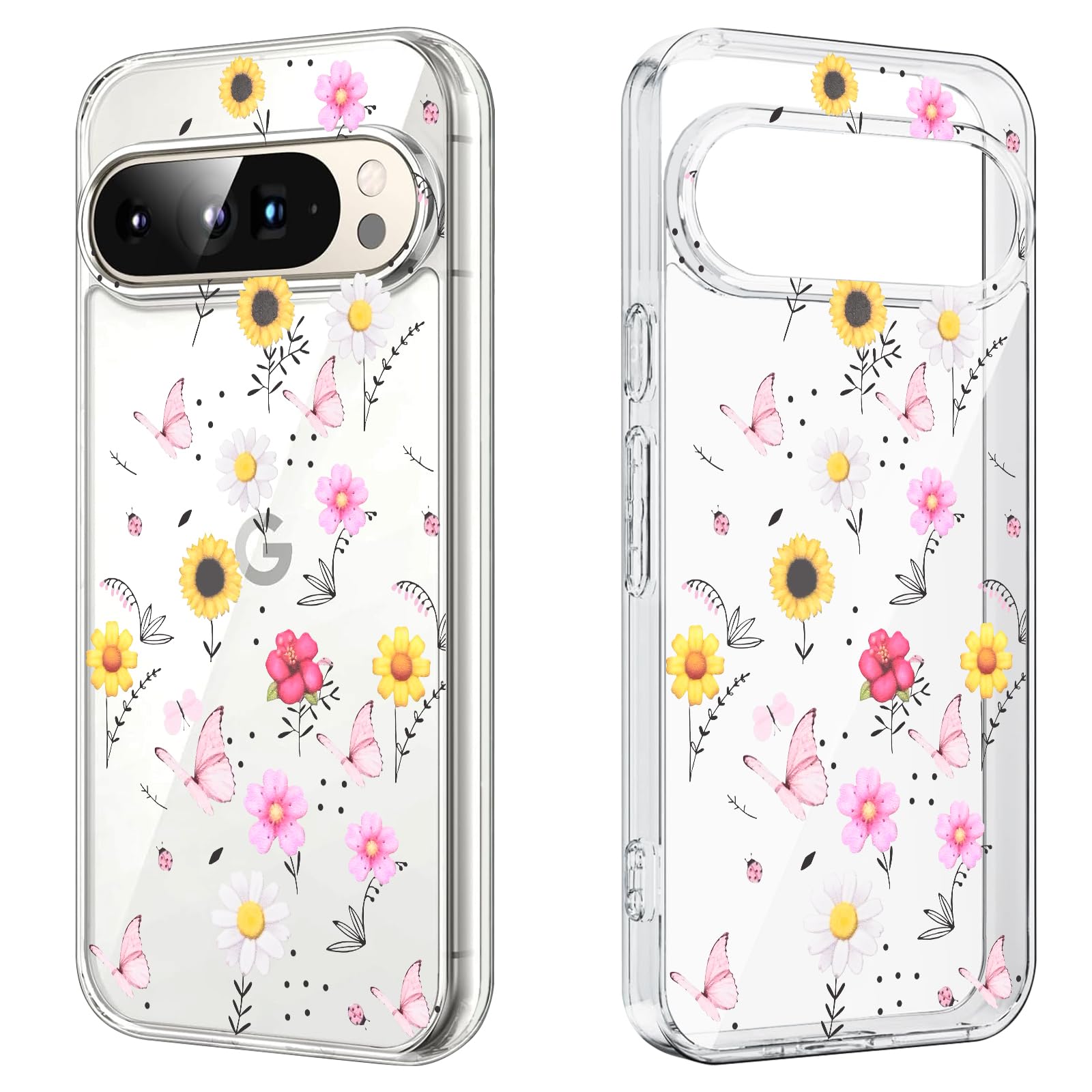 DiyGody Flowers Case Compatible for Google Pixel 9 Pro (2024) Clear with Pretty Butterfly Floral Pattern for Women Girls,Soft TPU Shockproof Protective Case Cover for Google Pixel 9 Pro 6.3”