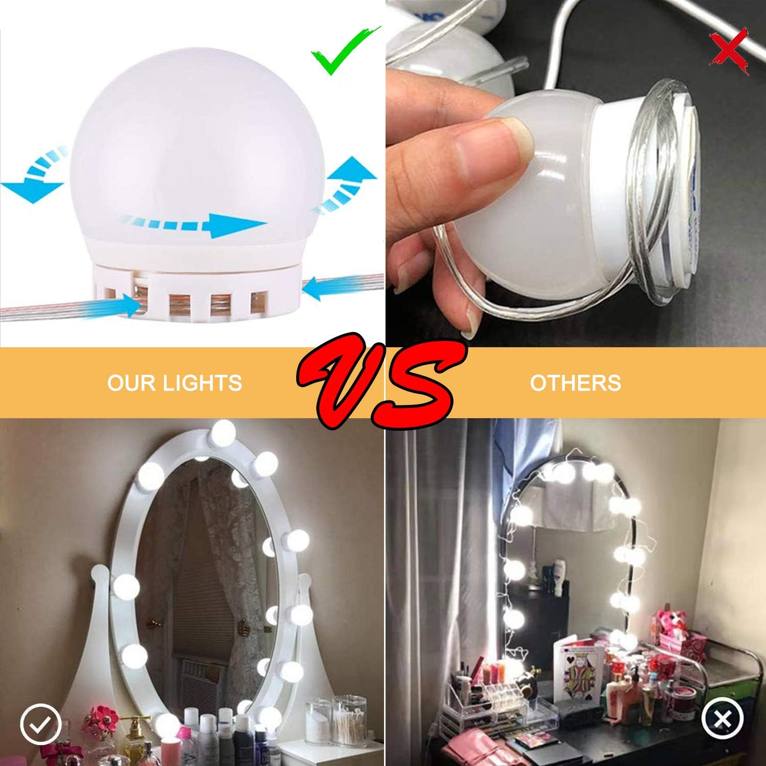 Pretmess Hollywood Style Vanity Mirror Lights Kit, Adjustable Color and Brightness with 10 LED Light Bulbs, Lighting Fixture Strip for Makeup Vanity Table Set in Dressing Room (Mirror Not Include) - - 