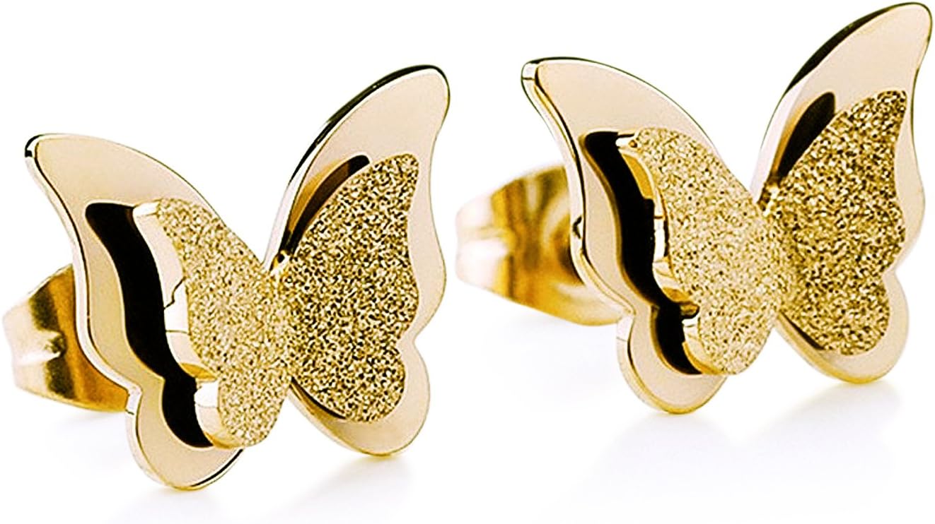 WisslotusStainless Steel Butterfly Stud Earrings Frosted 18k Rose Gold Plated Jewelry for Women