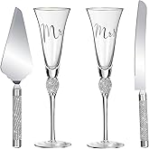 Boao 4 Piece Wedding Champagne Flutes and Cake Knife Server Set Crystal Mr and Mrs Toasting Flutes Rhinestone Cake Cutting Set for Bride and Groom Wedding Engagement Bridal Shower Gifts(Silver)