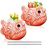 INFTYLE Tiki Mugs Fish Cocktail Cups 22oz/650ml Set of 2 Creative Red Tiki Glasses Bar Large Ceramic Hawaiian Themed Tropical Barware for Party Barware