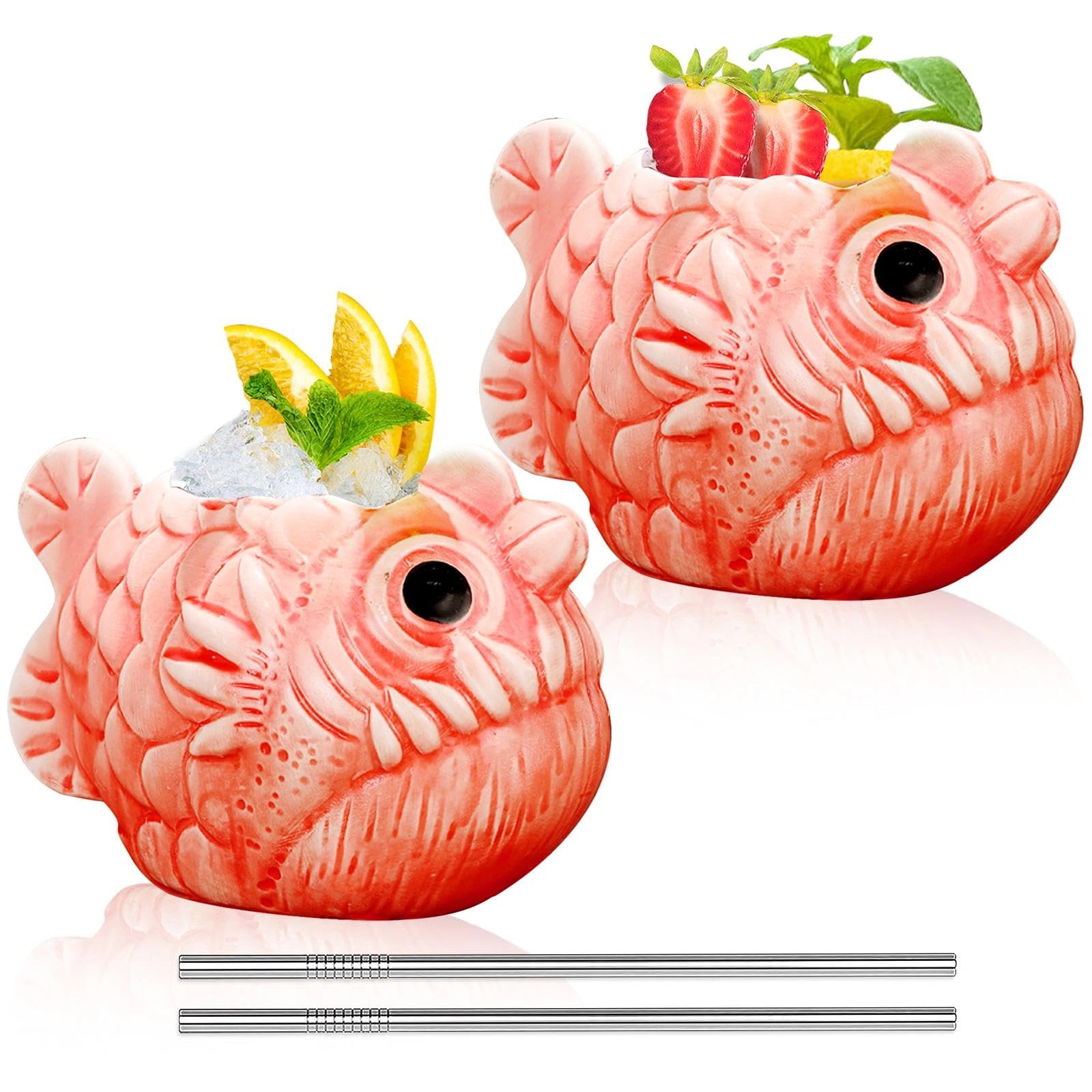 INFTYLE Tiki Mugs Fish Cocktail Tiki Cups 22oz/650ml Set of 2 Creative Red Tiki Glasses Tiki Bar Glasses Large Ceramic Hawaiian Themed Tropical Tiki barware for Party Barware