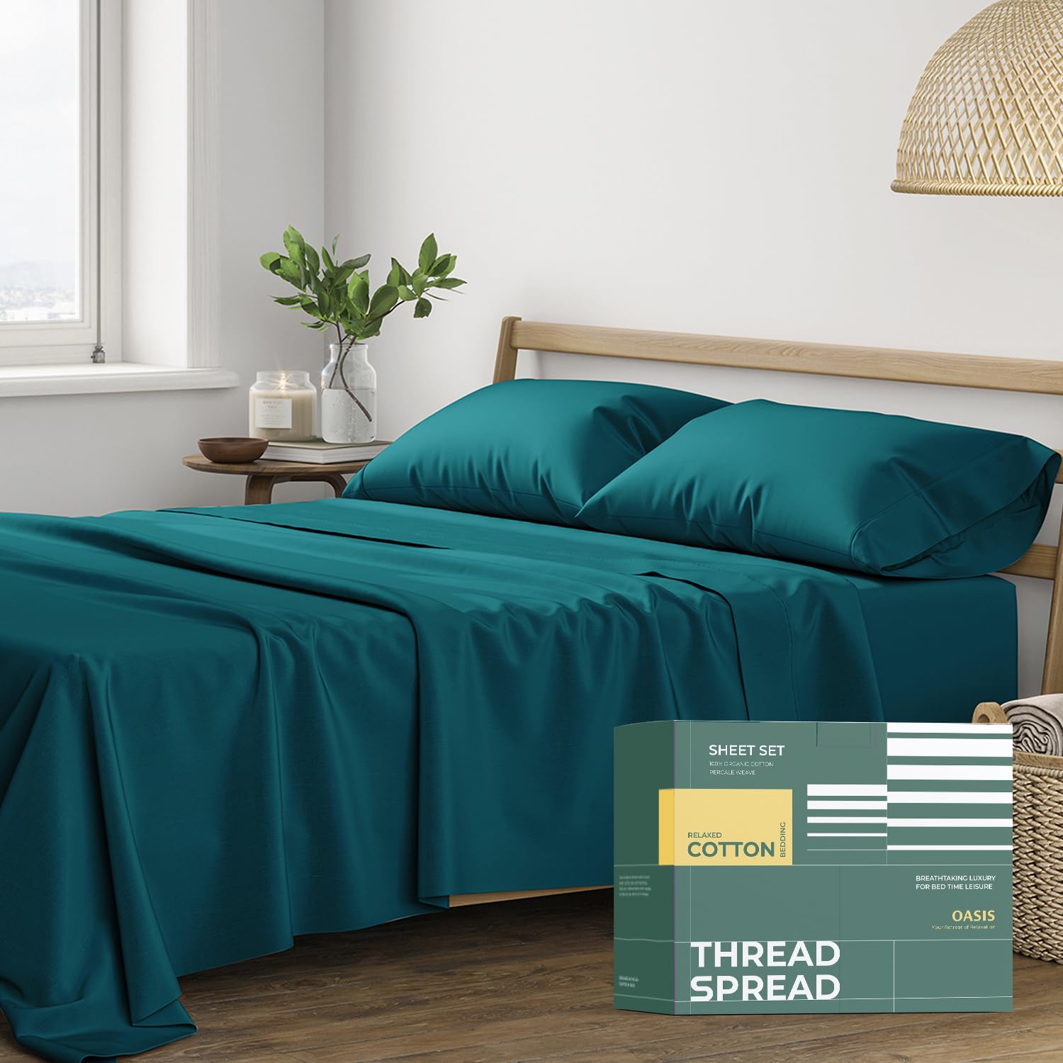Photo 1 of THREAD SPREAD 100% Organic Cotton Sheets Queen Size - 4 PC Organic Cotton Queen Size Percale Weave Sheet Set, Soft, Cooling, Crisp & Breathable, 16" Deep Pocket Hotel Quality Bedding Set - Teal