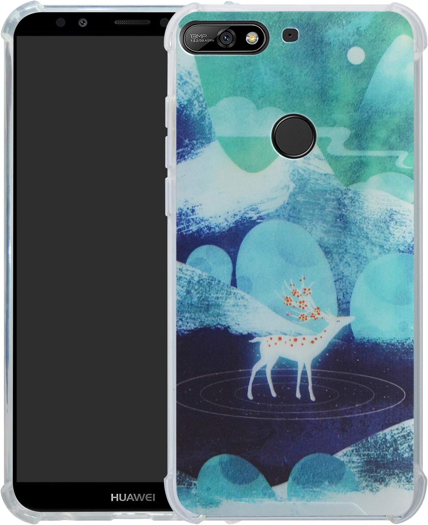 HHDY Compatible with Huawei Y7 2018 Case,[Ultra Lightweight] Reinforced [4-Corners Bumper] Flexible TPU [Pattern Design] Cover For Huawei Y7 2018 / Honor 7C / Enjoy 8,Green Sika Deer