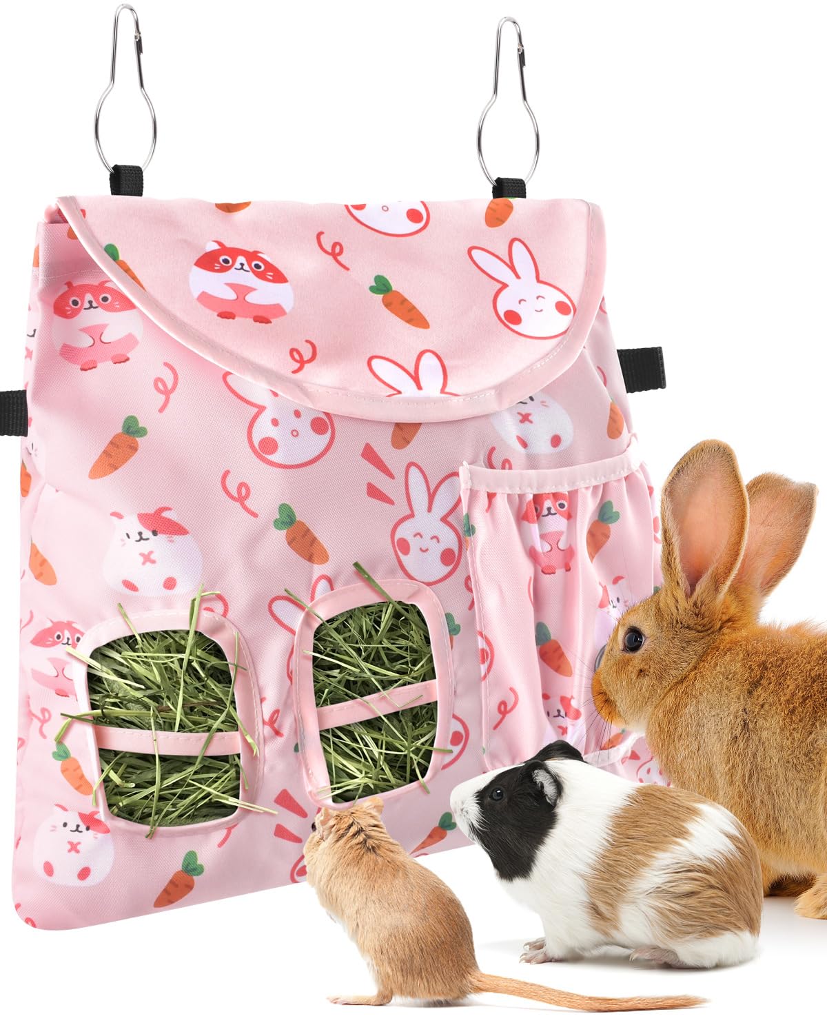 Photo 1 of Bissap Rabbit Hay Feeder Bag, 2 Holes Hanging Hay Feeder Guinea Pig Hay Bag with Side Pocket for Rabbits Bunny Chinchillas Hamsters Rats and Other Small Pets Small Animal - Pink