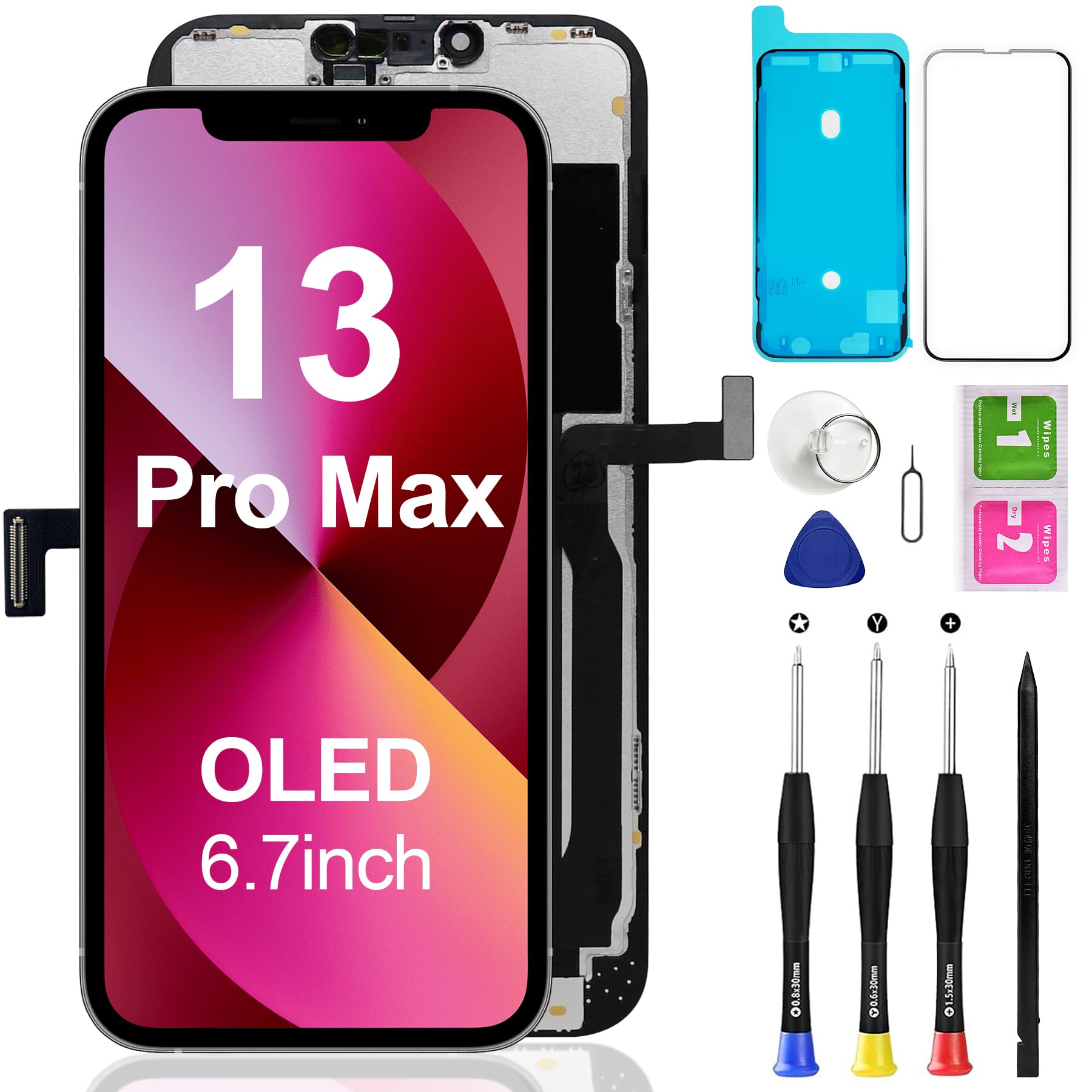 Photo 1 of OLED for iPhone 13 Pro Max Screen Replacement Kit, OLED Display 3D Touch Frame Digitizer A2641 A2643 A2484 A2644 A2645 Full Assembly Repair Tool Black 6.7 inch